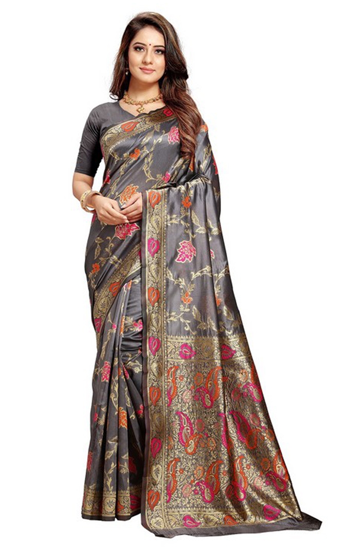 Poonam Textile Grey Embroidered Woven Banarasi Art Silk Saree
