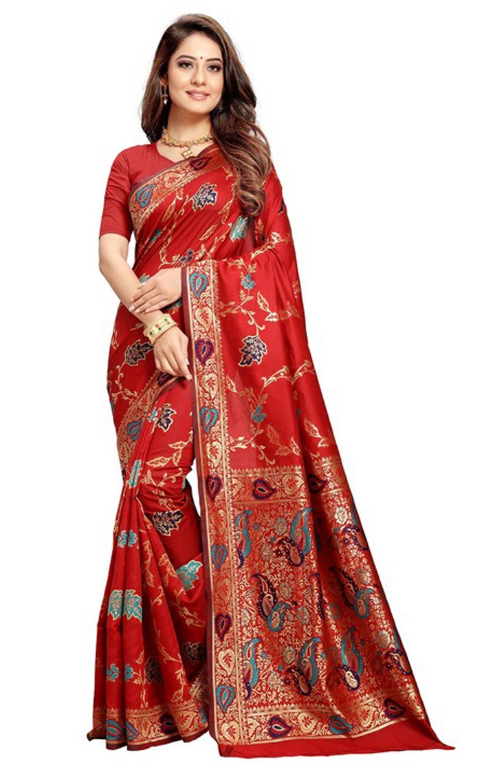 Poonam Textile Red Embroidered Woven Banarasi Art Silk Saree