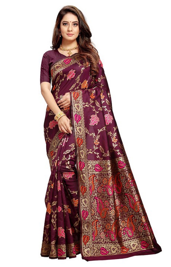 Poonam Textile Purple Embroidered Woven Banarasi Art Silk Saree