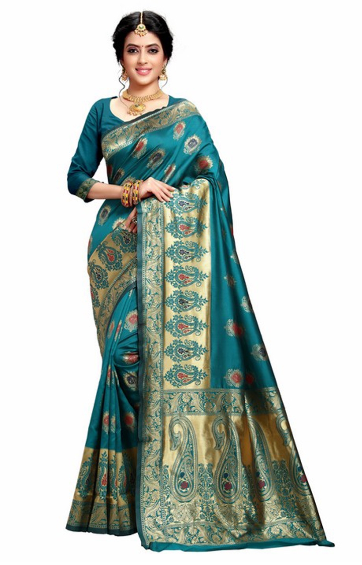 Banarasi Green Embroidered Woven Design Jacquard Silk Festive Saree