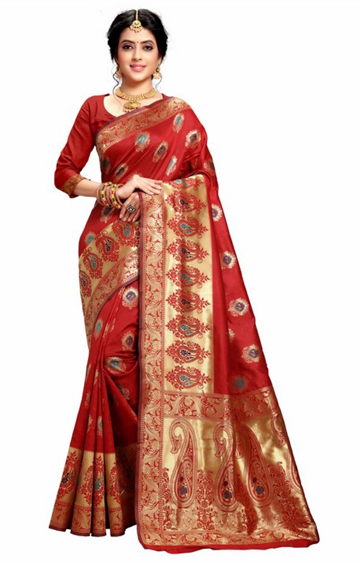 Banarasi Red Embroidered Woven Design Jacquard Silk Festive Saree