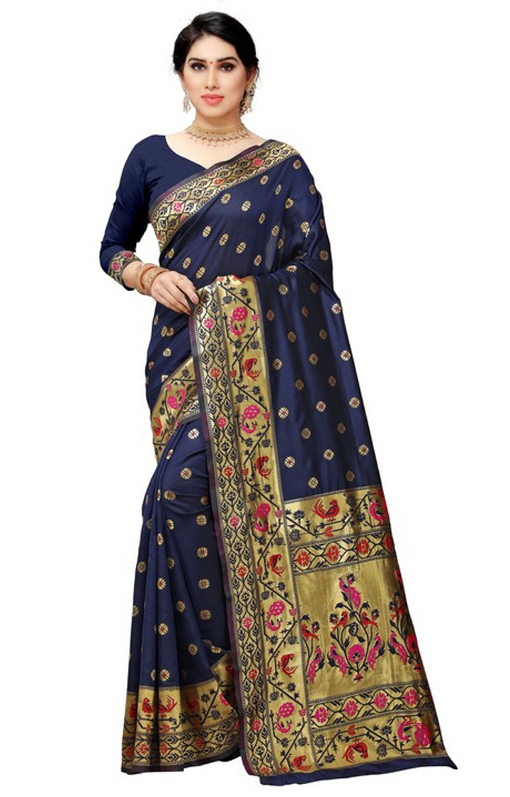 Banarasi Latest Blue Embroidered Jacquard Silk Blended Saree