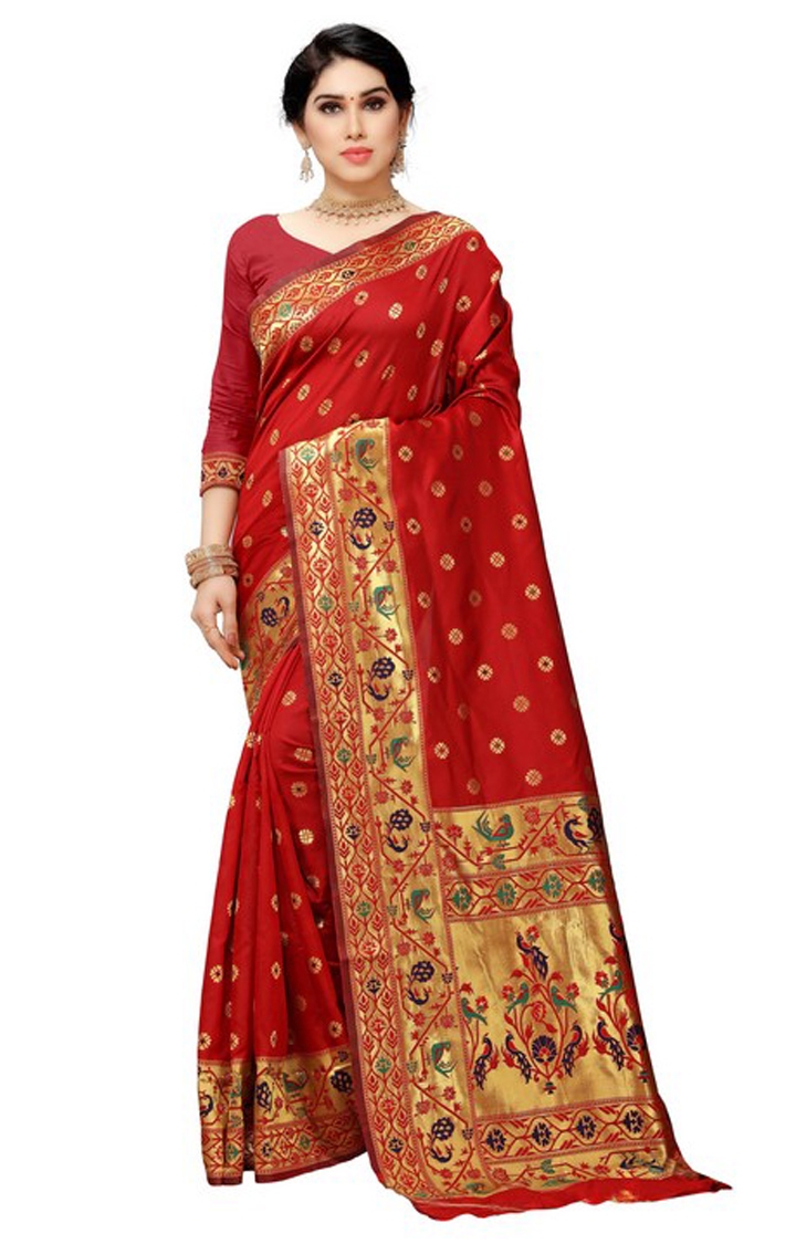 Banarasi Red Designer Embroidered Jacquard Silk Woven Saree
