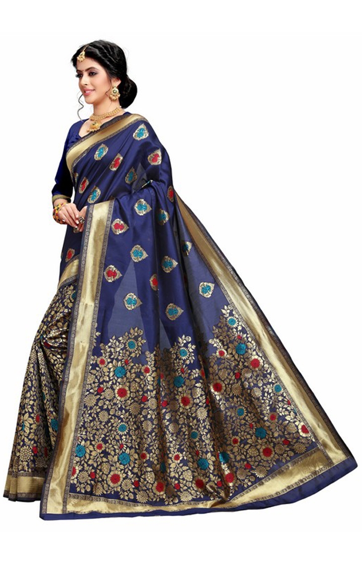 POONAM TEXTILE | Banarasi Blue Embroidered Woven Design Jacquard Silk Festive Saree 1