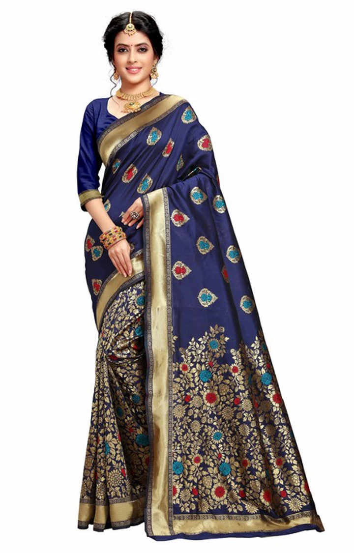 POONAM TEXTILE | Banarasi Blue Embroidered Woven Design Jacquard Silk Festive Saree 0
