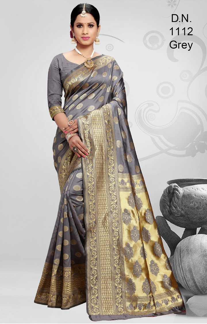 Unique Gold and Grey Coloured Festive Wear Embroidered Woven Banarasi Jacquard Saree