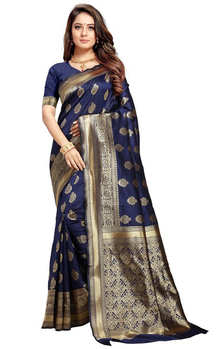 Gorgeous Blue Embroidered Banarasi Jacquard Silk Reception Saree