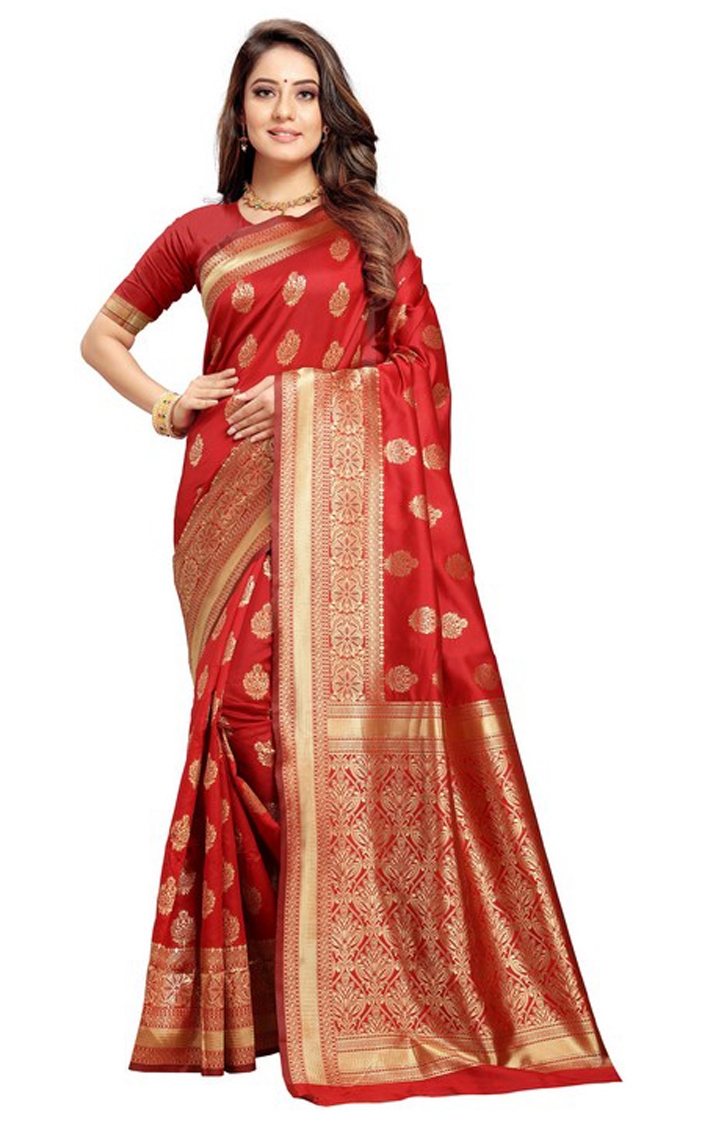 Gorgeous Red Embroidered Banarasi Jacquard Silk Reception Saree