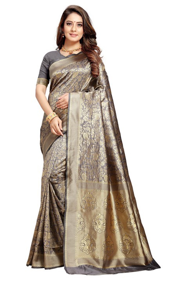 Latest Grey Banarasi Silk Embroidered Saree For Reception