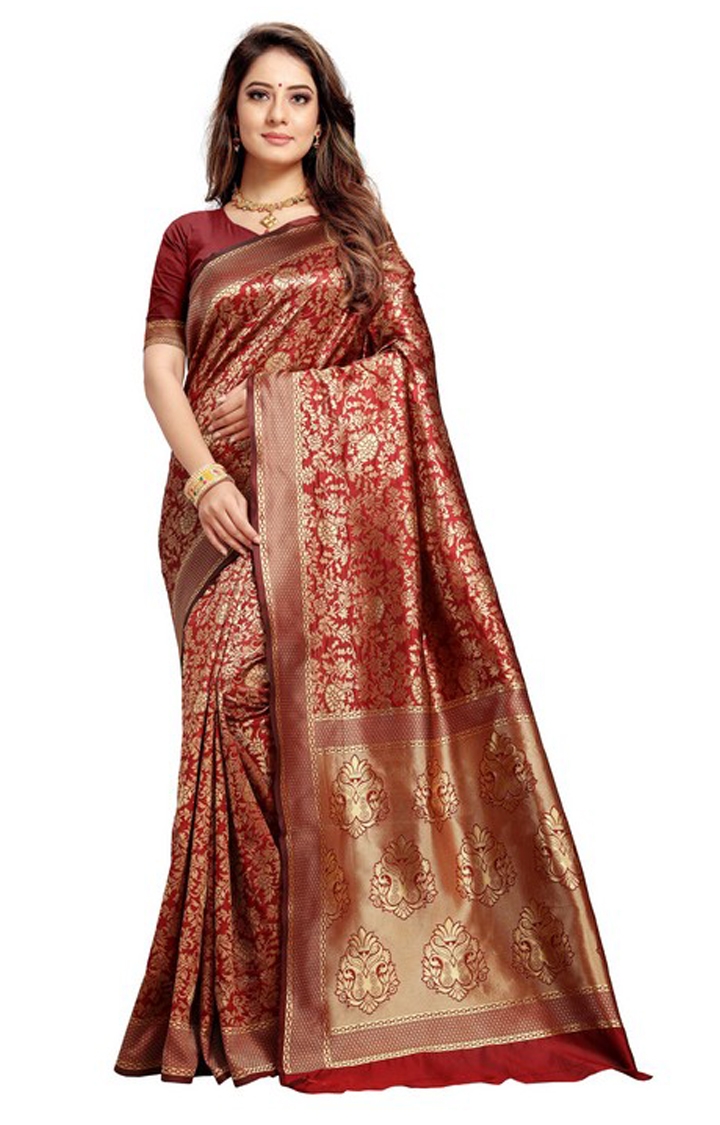 Latest Red Banarasi Silk Embroidered Saree For Reception