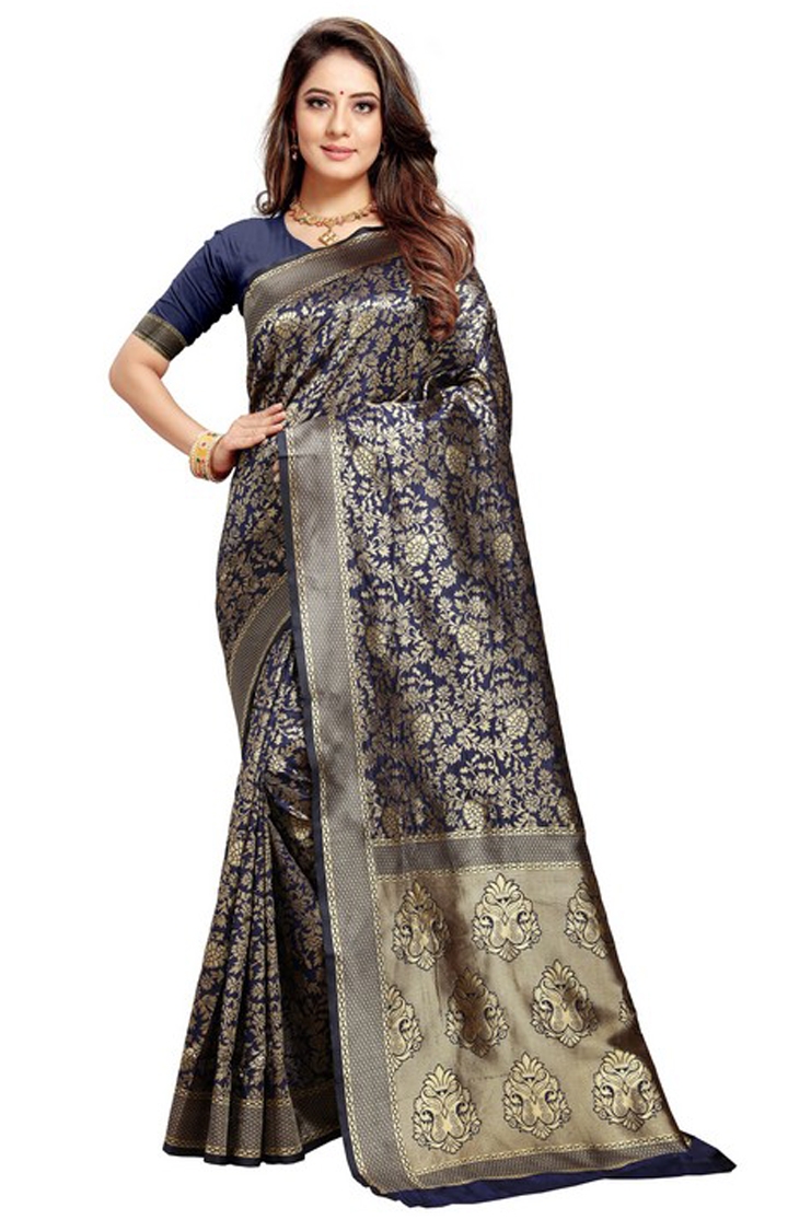 Latest Navy Blue Banarasi Silk Embroidered Saree For Reception