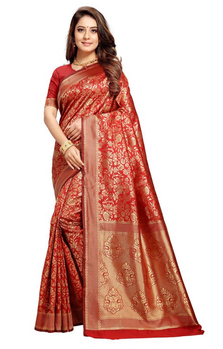 Latest Red Embroidered Banarasi Silk Saree For Reception