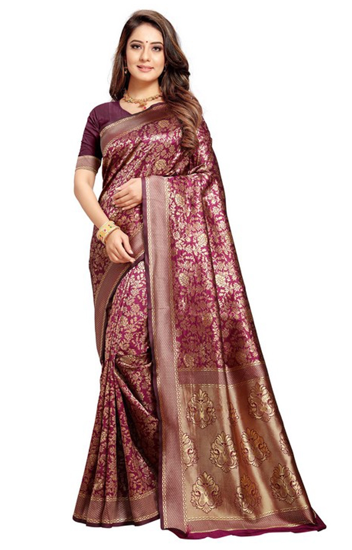 Latest Purple Embroidered Banarasi Silk Saree For Reception