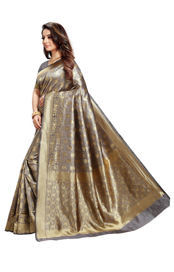 POONAM TEXTILE | Banarasi Grey Embroidered Jacquard Silk Woven Zari Saree 1