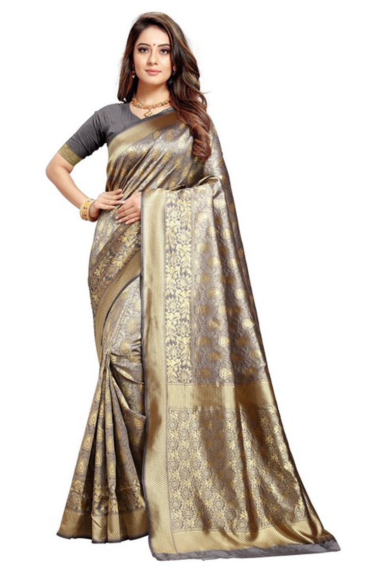 POONAM TEXTILE | Banarasi Grey Embroidered Jacquard Silk Woven Zari Saree 0
