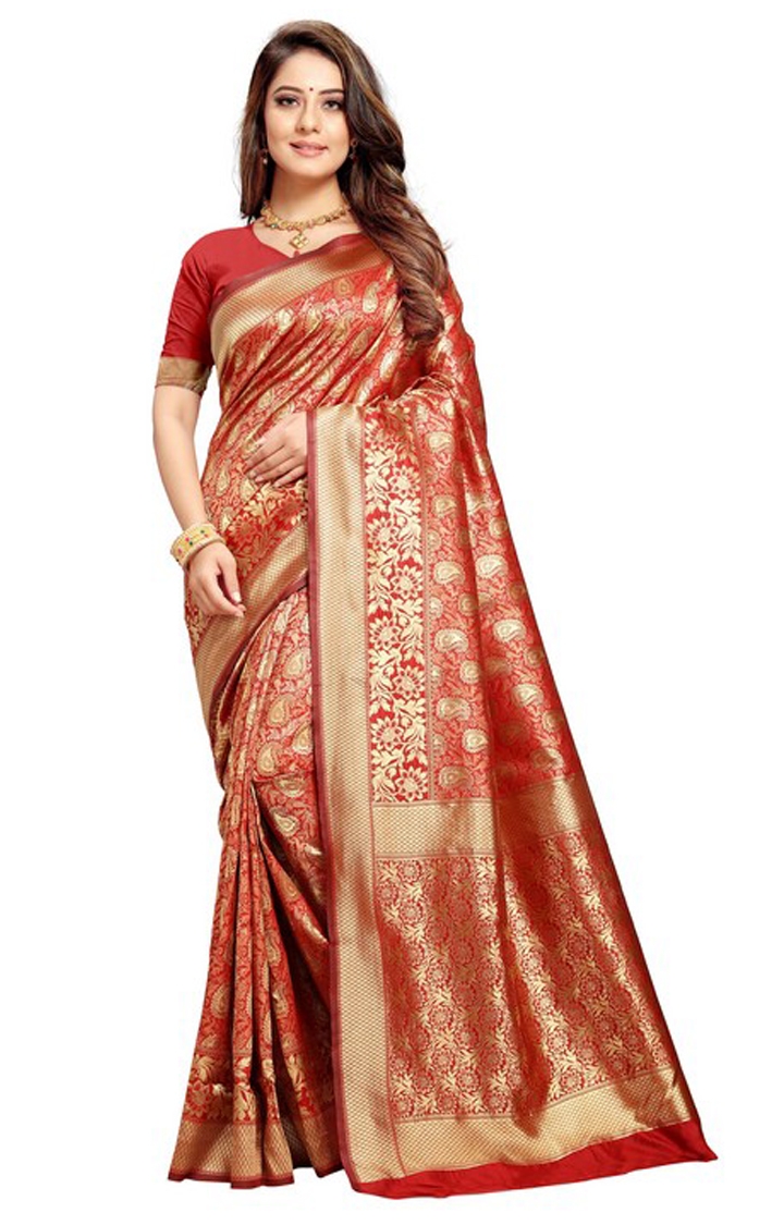 Banarasi Red Embroidered Jacquard Silk Woven Zari Saree