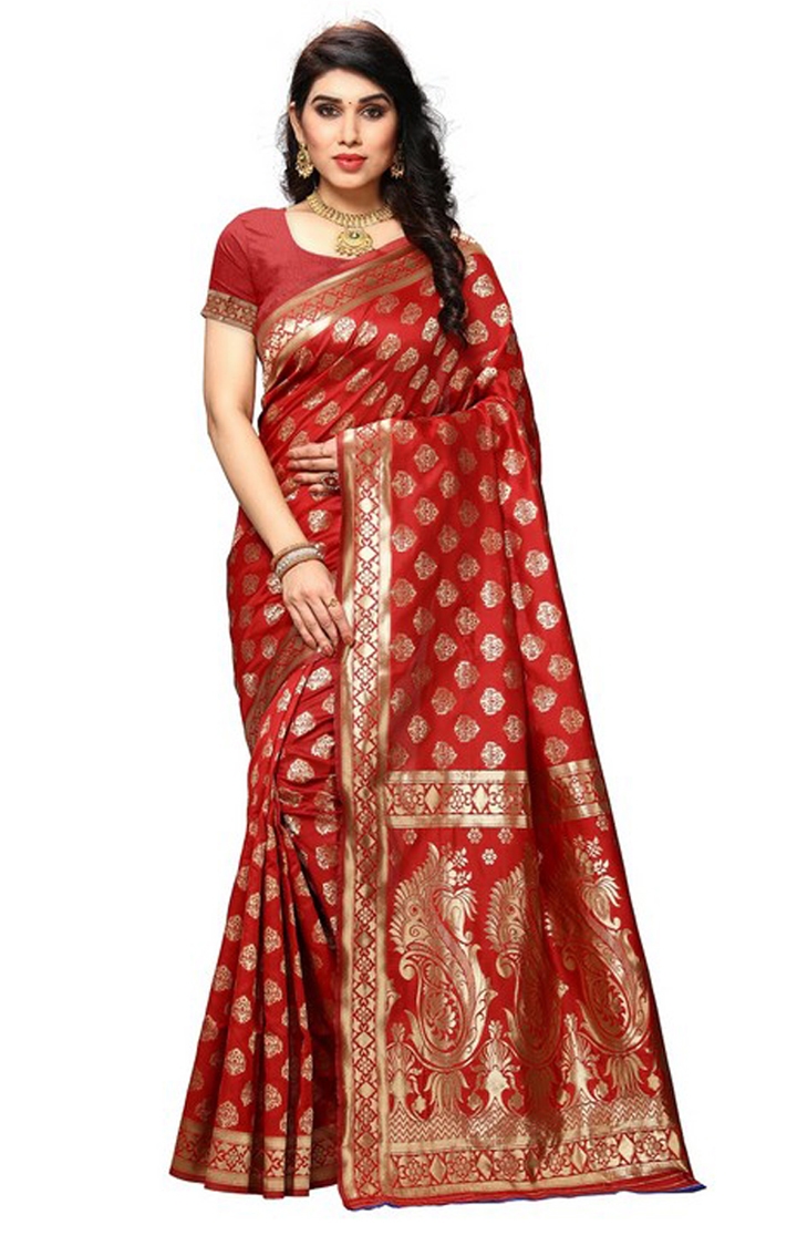 POONAM TEXTILE | Designer Women's Art Silk Red Embroidered Woven Saree 0