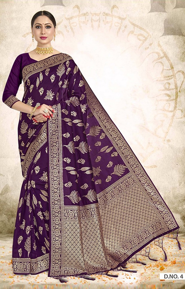 Contemporary Banarasi Purple Embroidered Art Silk Woven Zari Festive Saree