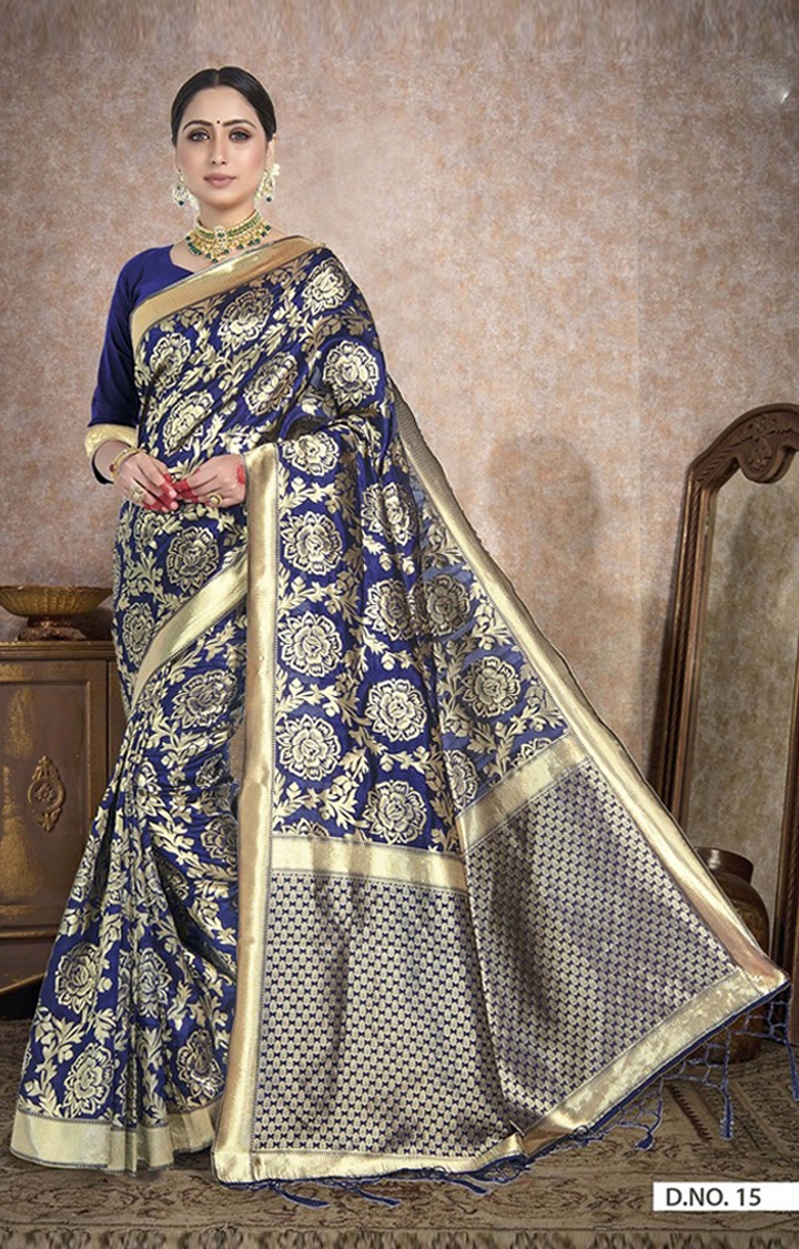 Ethnic Banarasi Navy Blue Art Silk Embroidered Woven Zari Festive Saree