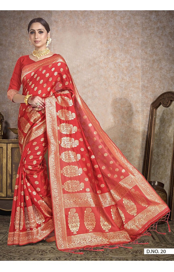 Ethnic Banarasi Red Art Silk Embroidered Woven Zari Festive Saree