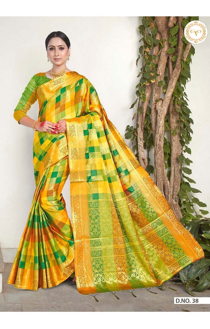 Latest Banarasi Green Checked Art Silk Woven Zari Festive Saree