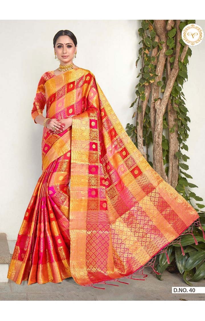 Latest Banarasi Red Checked Art Silk Woven Zari Festive Saree