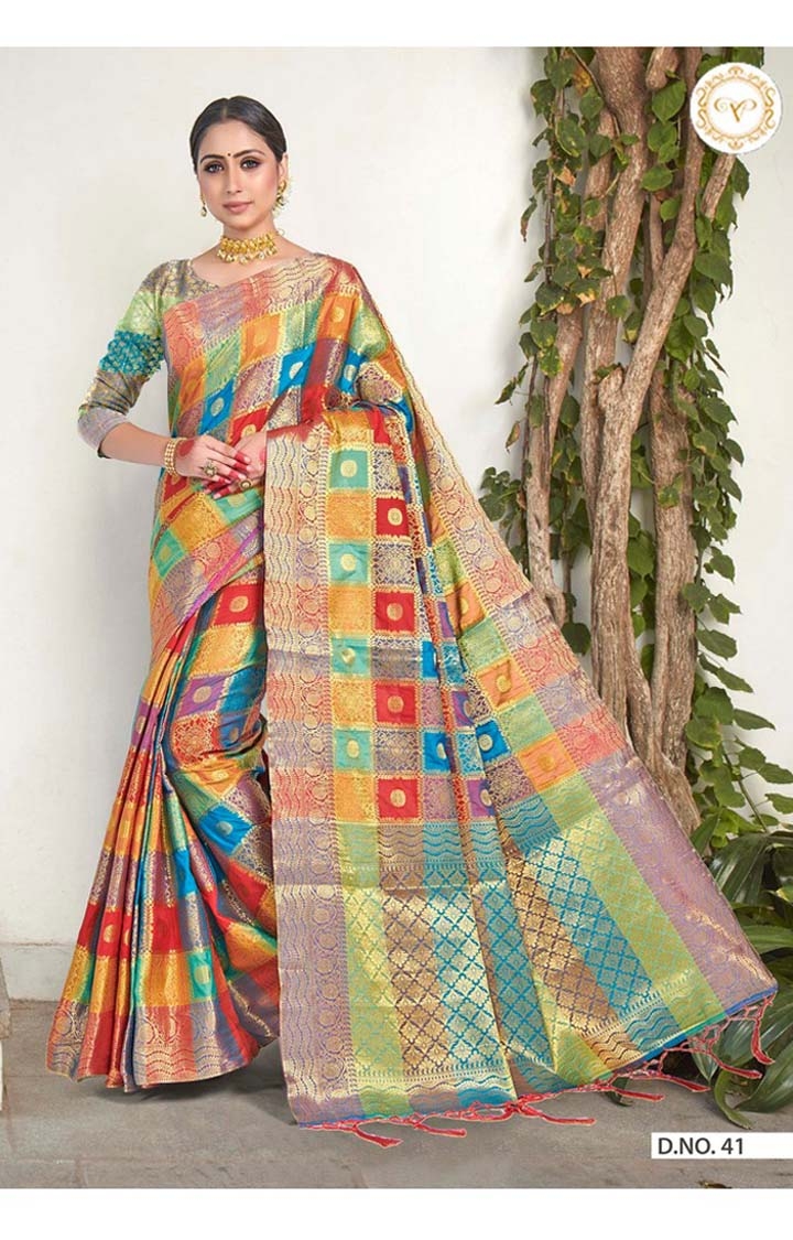 Latest Banarasi Multi-coloured Checked Art Silk Woven Zari Festive Saree