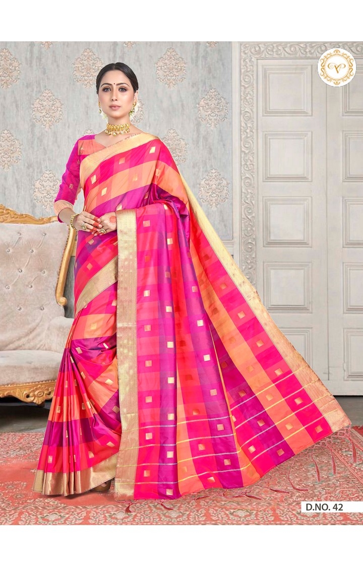 Latest Banarasi Pink Checked Art Silk Woven Zari Festive Saree