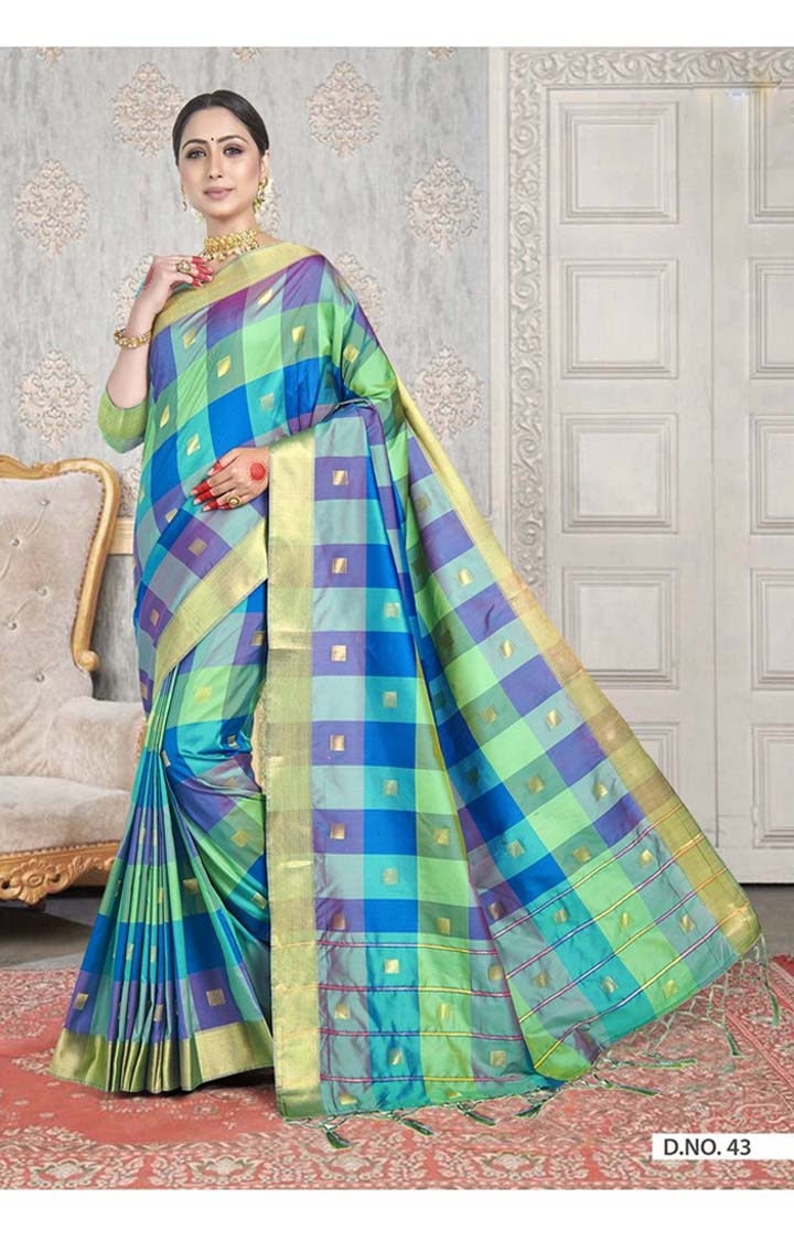 Latest Banarasi Green and Blue Checked Art Silk Woven Zari Festive Saree