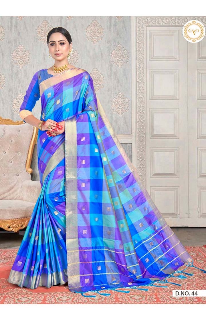 Latest Banarasi Blue Checked Art Silk Woven Zari Festive Saree