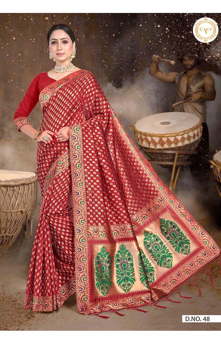 Traditional Banarasi Red Art Silk Embroidered Woven Zari Festive Saree