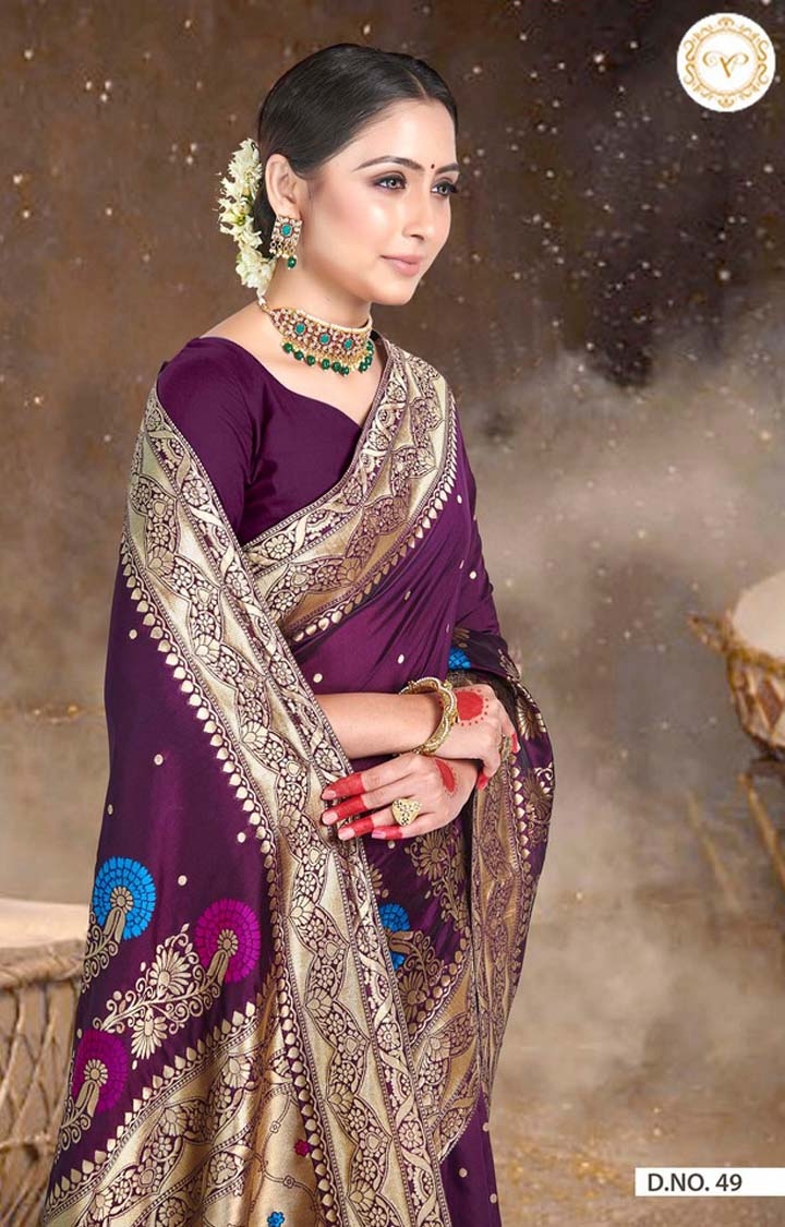 POONAM TEXTILE | Traditional Banarasi Purple Embroidered Art Silk Woven Zari Festive Saree 1