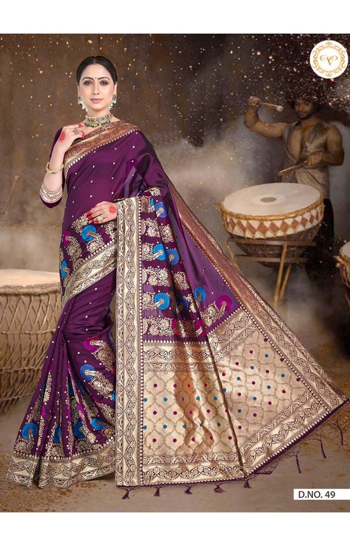POONAM TEXTILE | Traditional Banarasi Purple Embroidered Art Silk Woven Zari Festive Saree 0