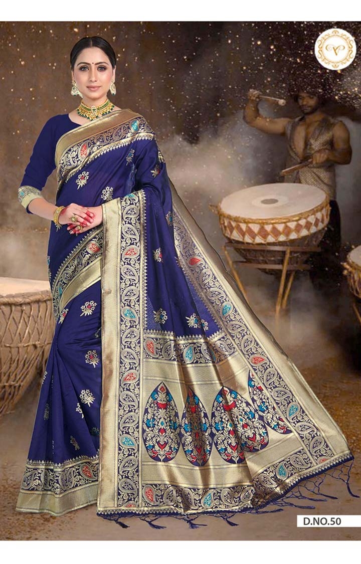 Traditional Banarasi Blue Embroidered Art Silk Woven Zari Festive Saree