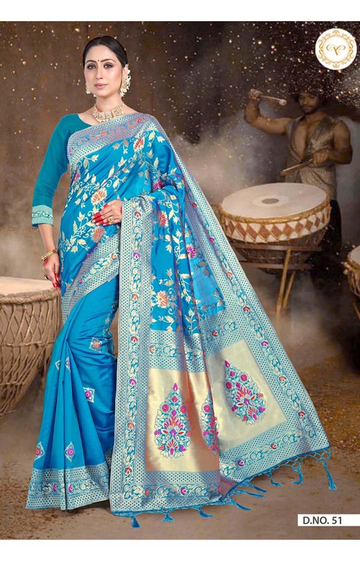Traditional Banarasi Blue Art Silk Embroidered Woven Zari Festive Saree