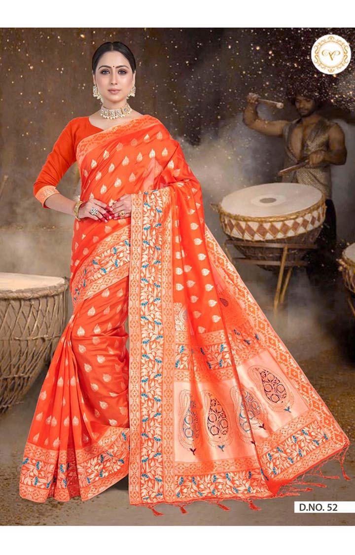 Traditional Banarasi Orange Embroidered Art Silk Woven Zari Festive Saree