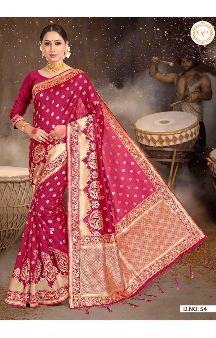 POONAM TEXTILE | Traditional Banarasi Pink Embroidered Art Silk Woven Zari Festive Saree 0