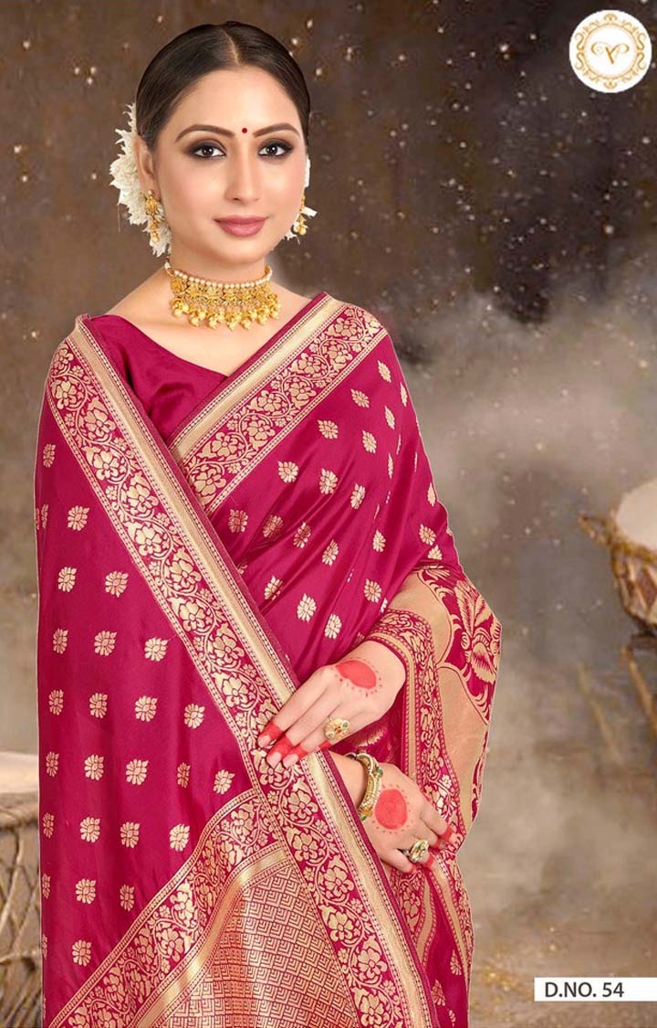 POONAM TEXTILE | Traditional Banarasi Pink Embroidered Art Silk Woven Zari Festive Saree 1