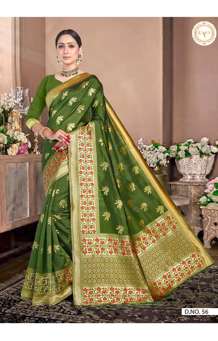 Designer Banarasi Green Embroidered Art Silk Woven Zari Festive Saree