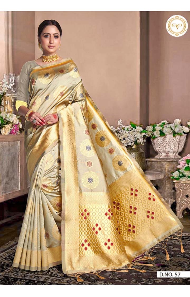 Designer Banarasi Beige Embroidered Art Silk Woven Zari Festive Saree
