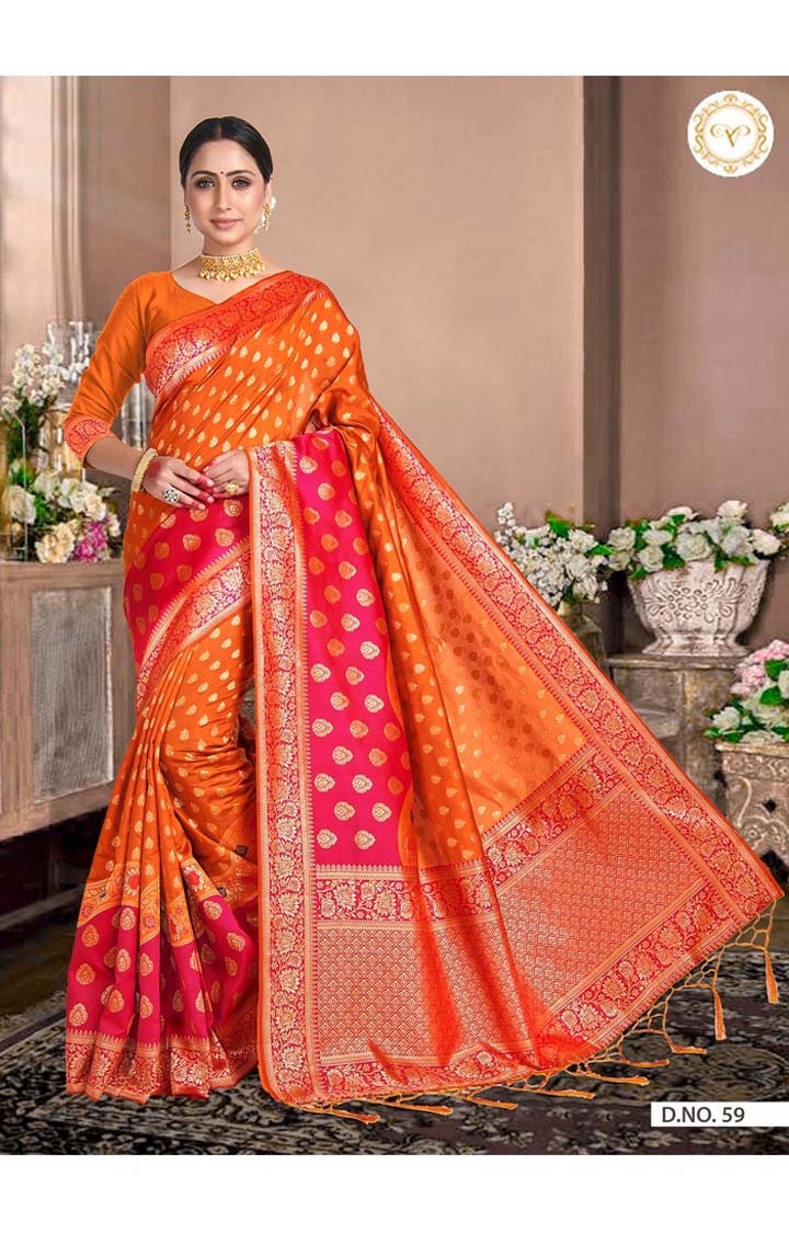 Designer Banarasi Orange Embroidered Art Silk Woven Zari Festive Saree