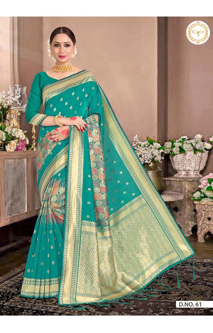 POONAM TEXTILE | Designer Banarasi Green Embroidered Art Silk Woven Zari Festive Saree 0