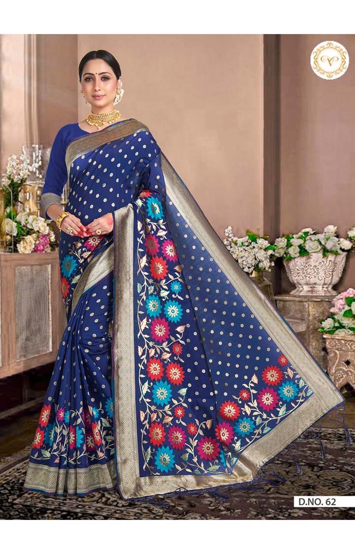 POONAM TEXTILE | Designer Banarasi Blue Embroidered Art Silk Woven Zari Festive Saree 0