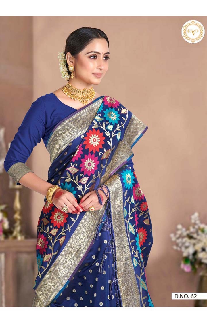 POONAM TEXTILE | Designer Banarasi Blue Embroidered Art Silk Woven Zari Festive Saree 1