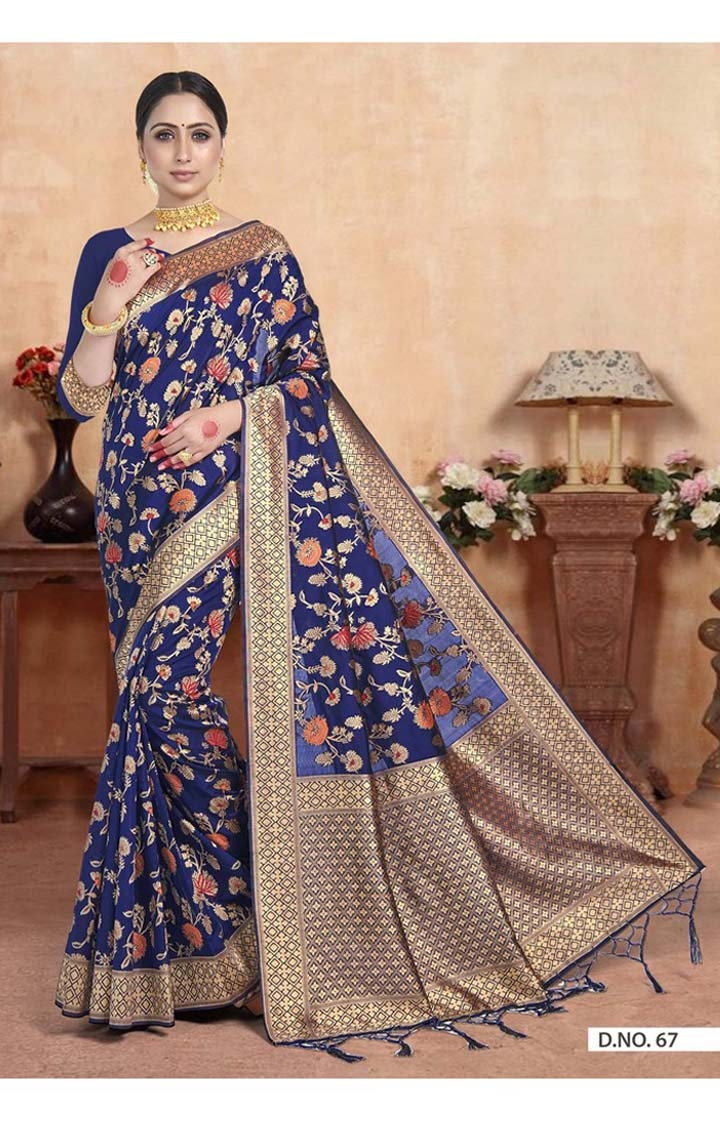 Ethnic Banarasi Blue Embroidered Art Silk Woven Zari Festive Saree