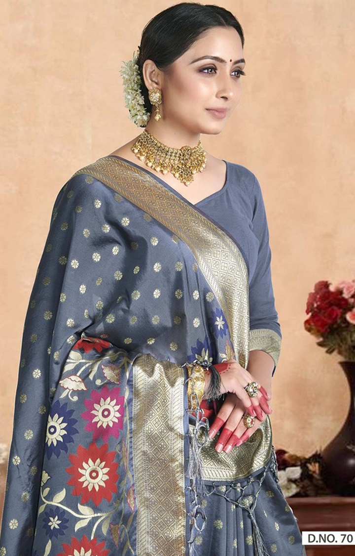 POONAM TEXTILE | Ethnic Banarasi Grey Embroidered Art Silk Woven Zari Festive Saree 1
