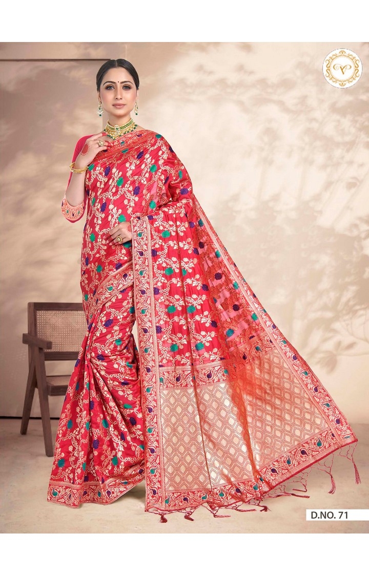 POONAM TEXTILE | Elegant Banarasi Pink Embroidered Self Design Art Silk Woven Zari Festive Saree 0