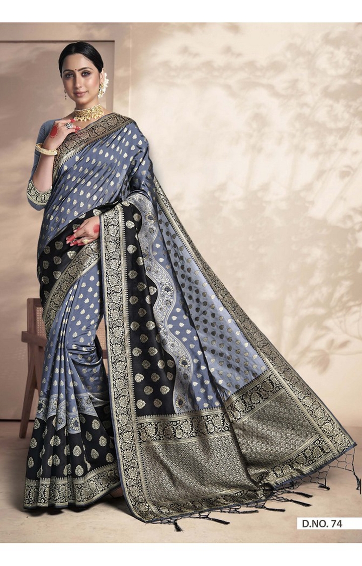 Latest Banarasi Grey and Black Embroidered Art Silk Woven Saree