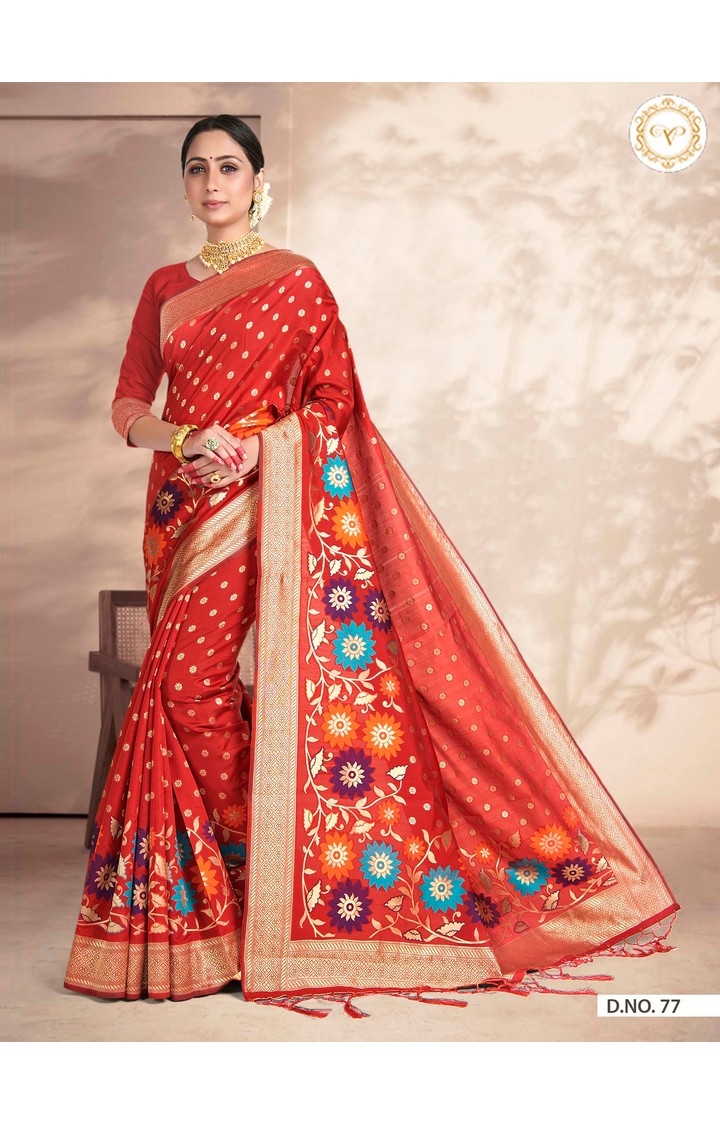 Elegant Banarasi Red Embroidered Self Design Art Silk Woven Zari Festive Saree