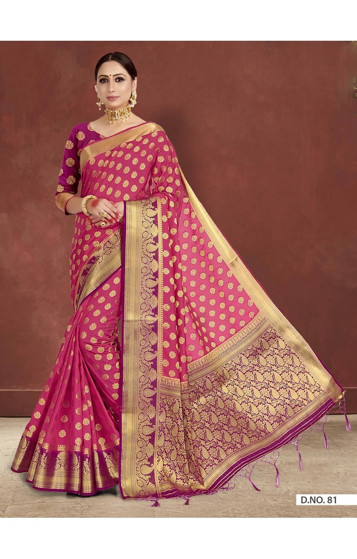 Latest Banarasi Pink Raw Silk Embroidered Woven Festive Saree